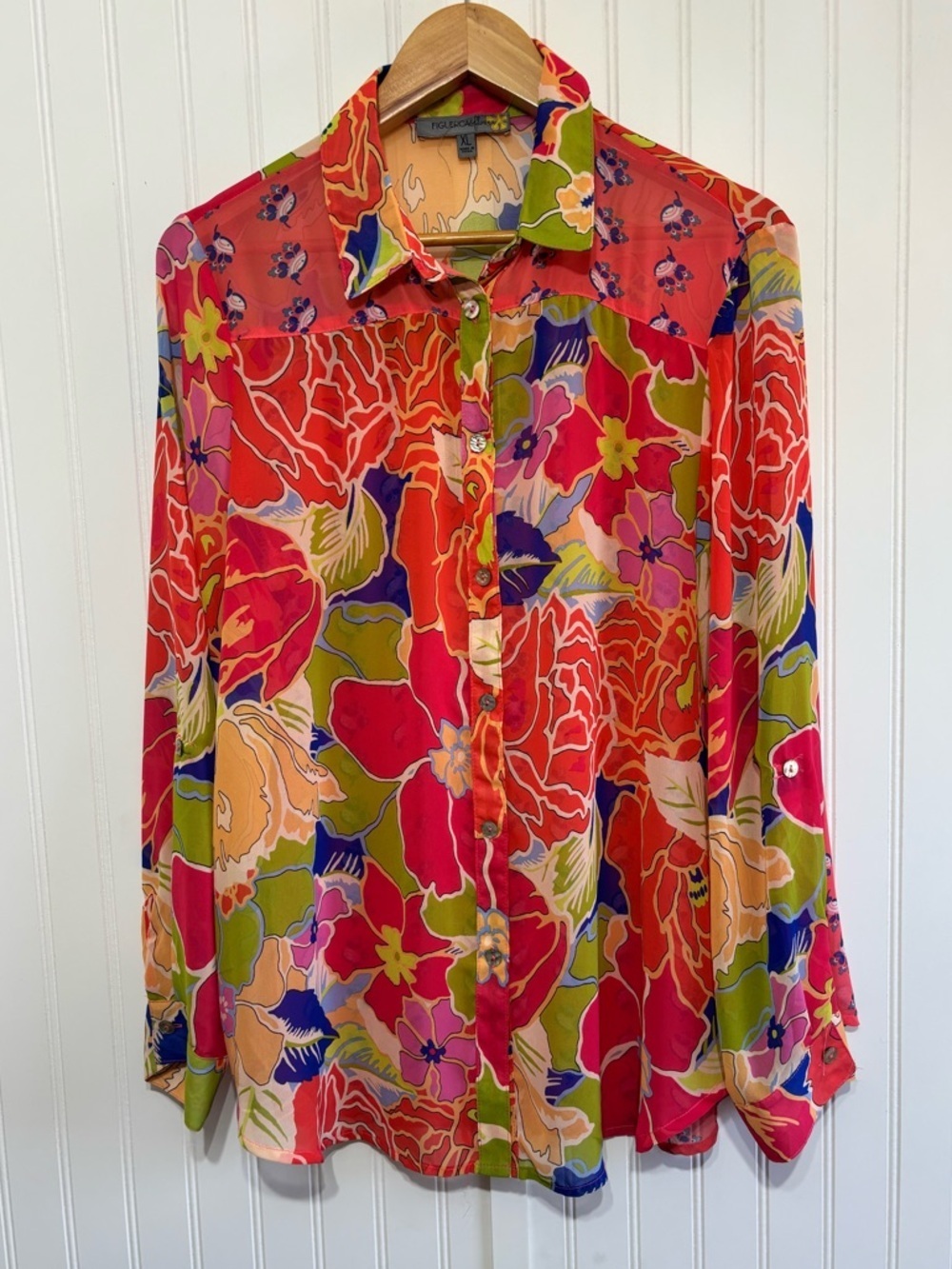 Figueroa & Flower XL Sheer Floral Button Down Blouse Top Boho Chic Bright - Picture 2 of 15